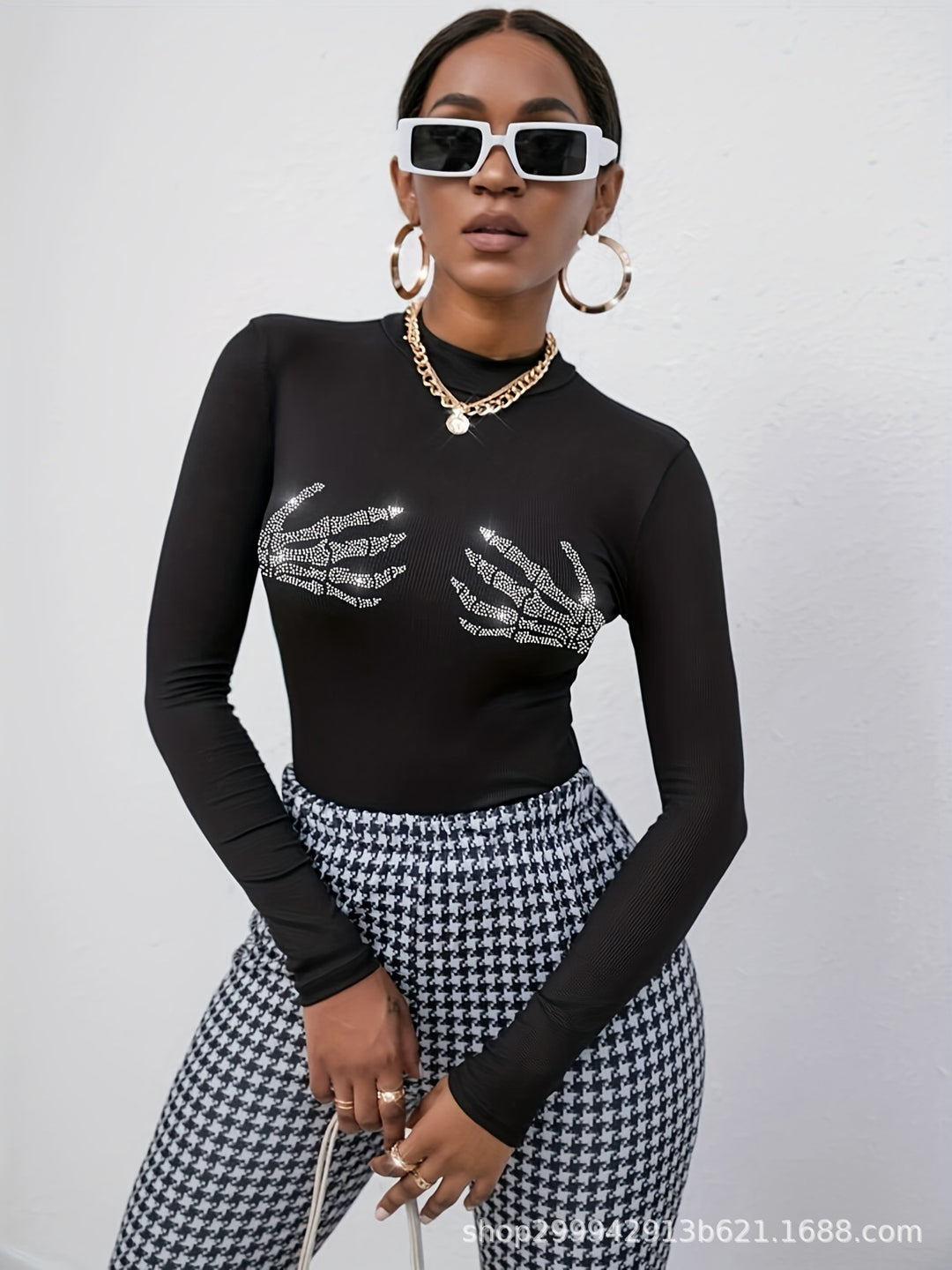Damen nan figurbetontes transparentes Netz-Langarmshirt mit hohem Kragen und Strass-Skelettmotiv Drune