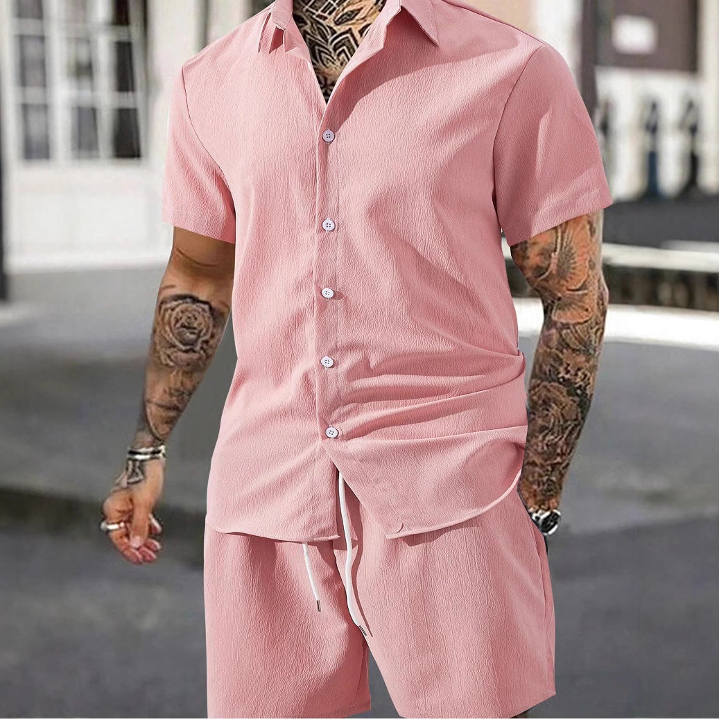 Herren lässiges Shorts-Set mit knöpfbarem Oberteil und elastischem Bund Drune