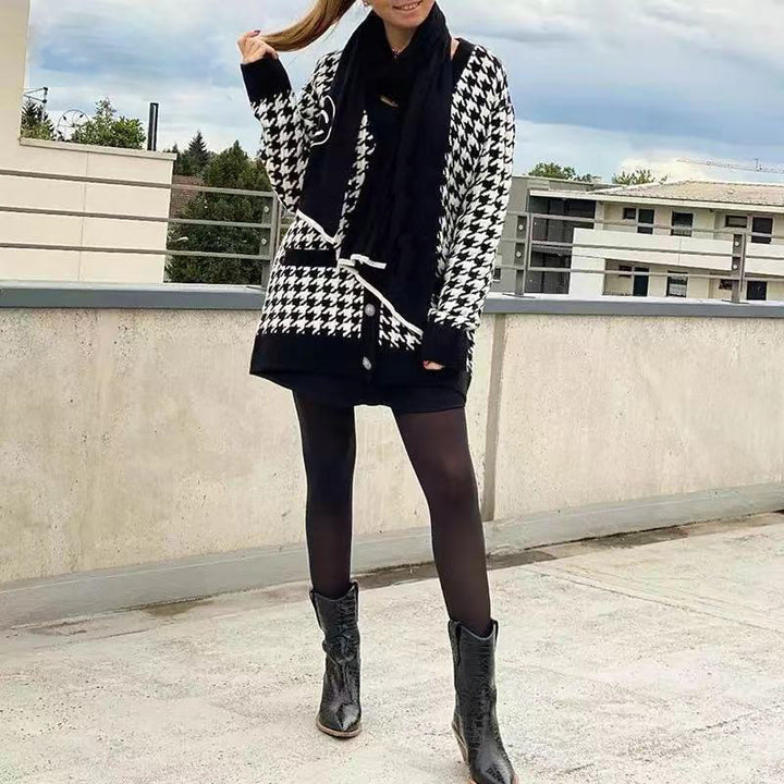 Damen modische Strickjacke mit klassischem Hahnentrittmuster und Knopfdetails Drune