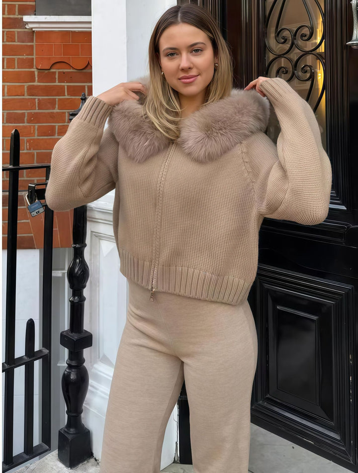 Damen Kunstpelzjacke mit großzügigem Kragen und voluminösen Ärmeln Drune