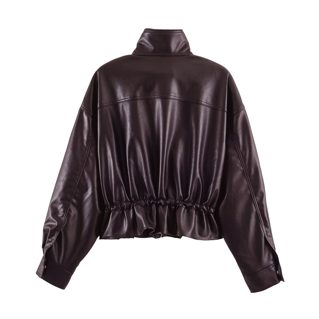 Damen Kurzer Oversize Kunstleder-Bomber mit Stehkragen, Pattentaschen und Kordelzug Drune