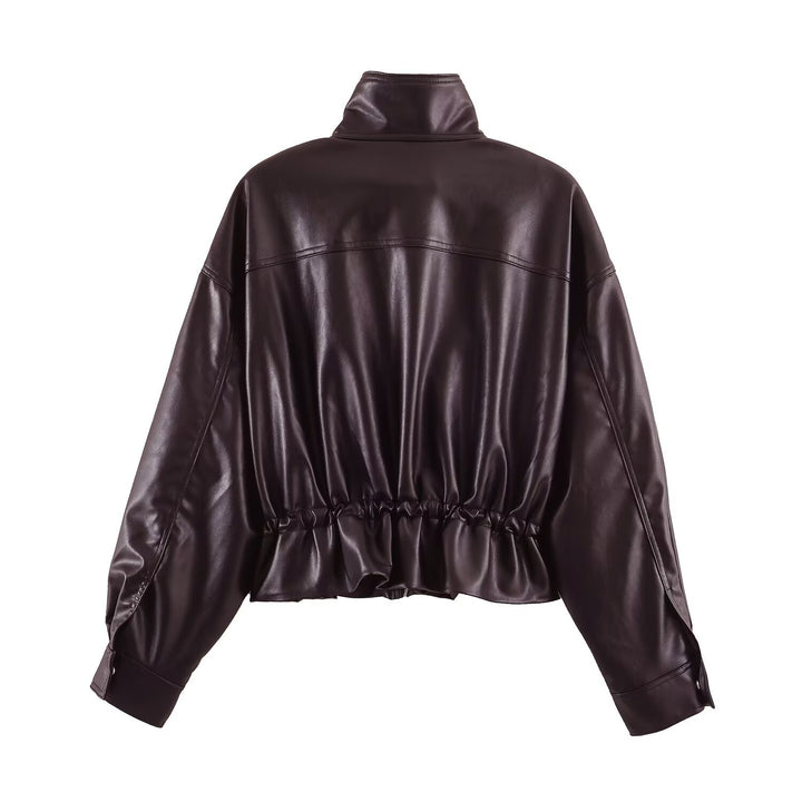Damen Kurzer Oversize Kunstleder-Bomber mit Stehkragen, Pattentaschen und Kordelzug Drune