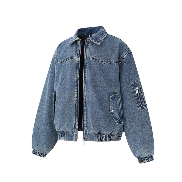 Unisex Boxy Denim‑Blousonjacke mit durchgehendem Reißverschluss, elastischem Saum und Ärmelutilitytasche Drune