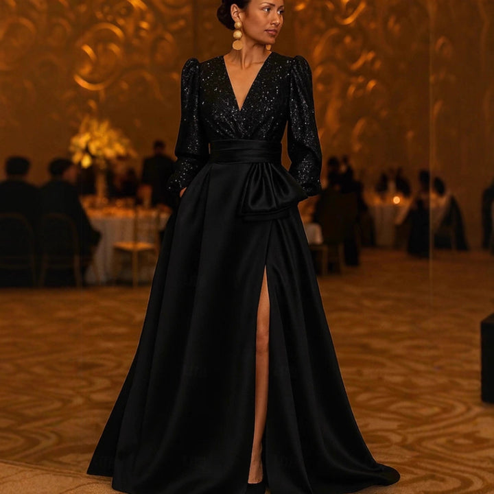 Damen Elegantes Abendkleid mit schimmerndem Oberteil, tiefem V-Ausschnitt und seitlichem Schlitz Drune