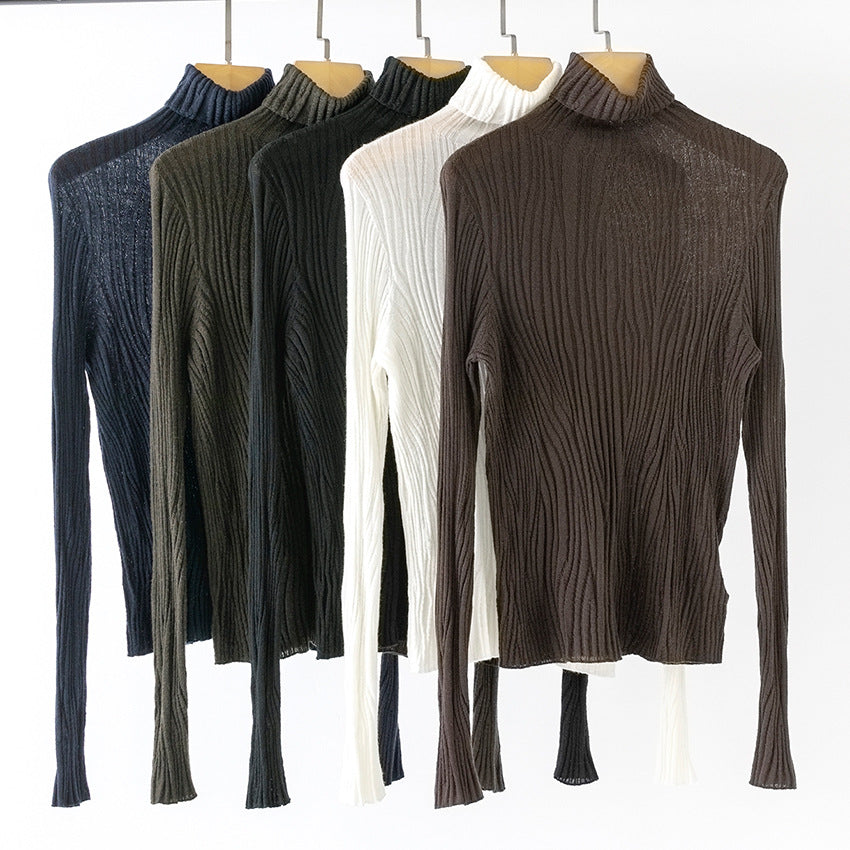 Damen Schlanker Feinstrick-Rollkragenpullover mit wellenförmiger Rippstruktur Drune