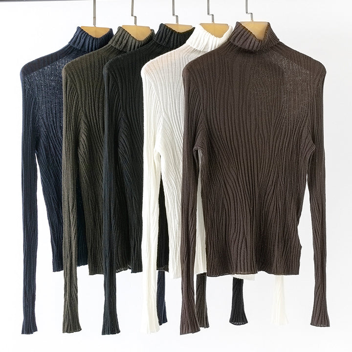 Damen Schlanker Feinstrick-Rollkragenpullover mit wellenförmiger Rippstruktur Drune