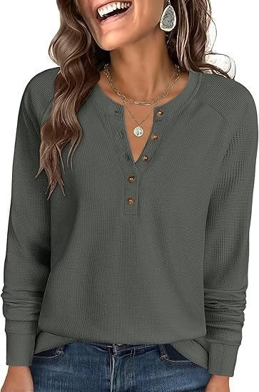 Damen Waffelstrick-Henley-Longsleeve mit Knopfleiste, Raglanärmeln und gerippten Bündchen Drune