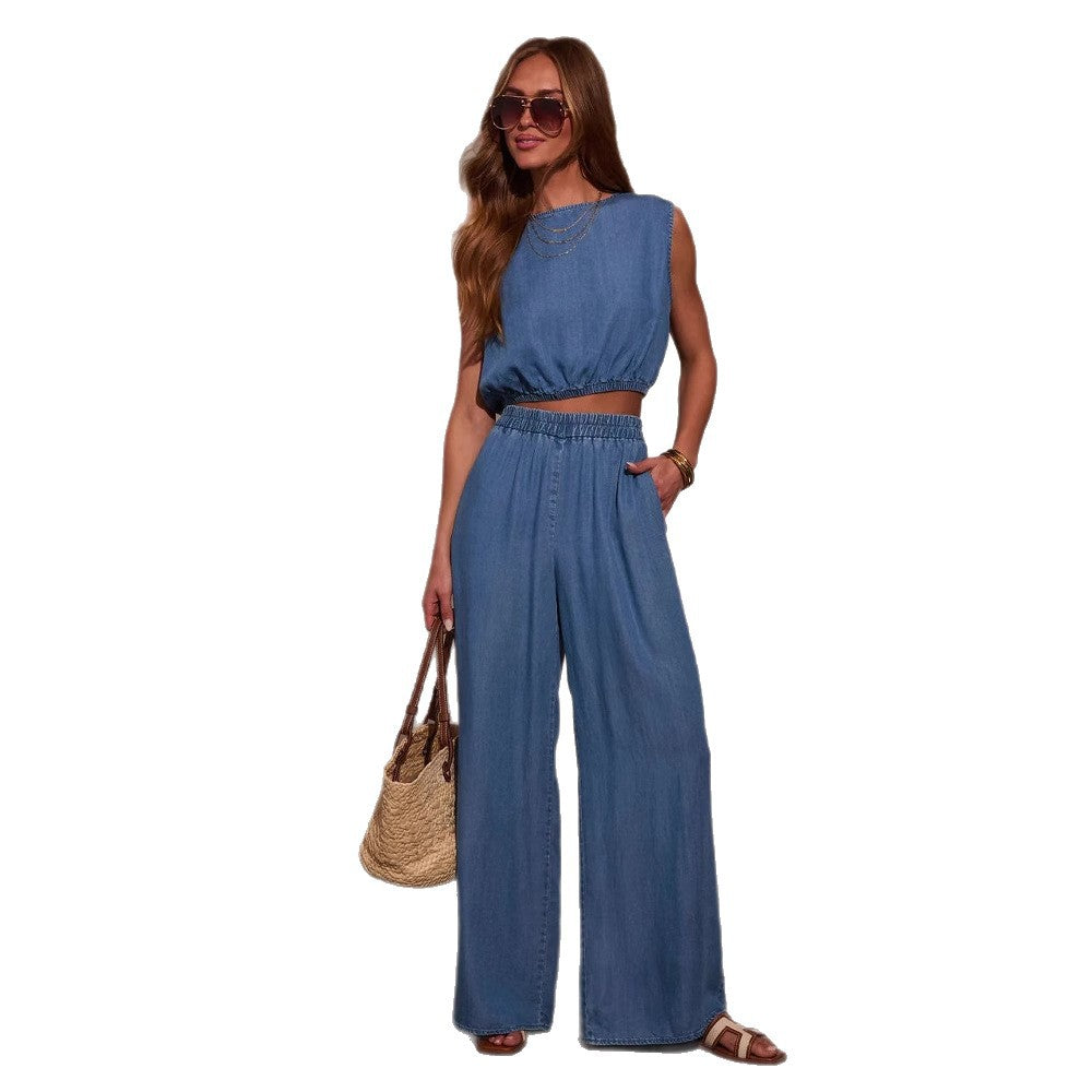 Damen Lässiges Oversized Jeans-Set mit geknotetem Oberteil und weiten Beinen Drune