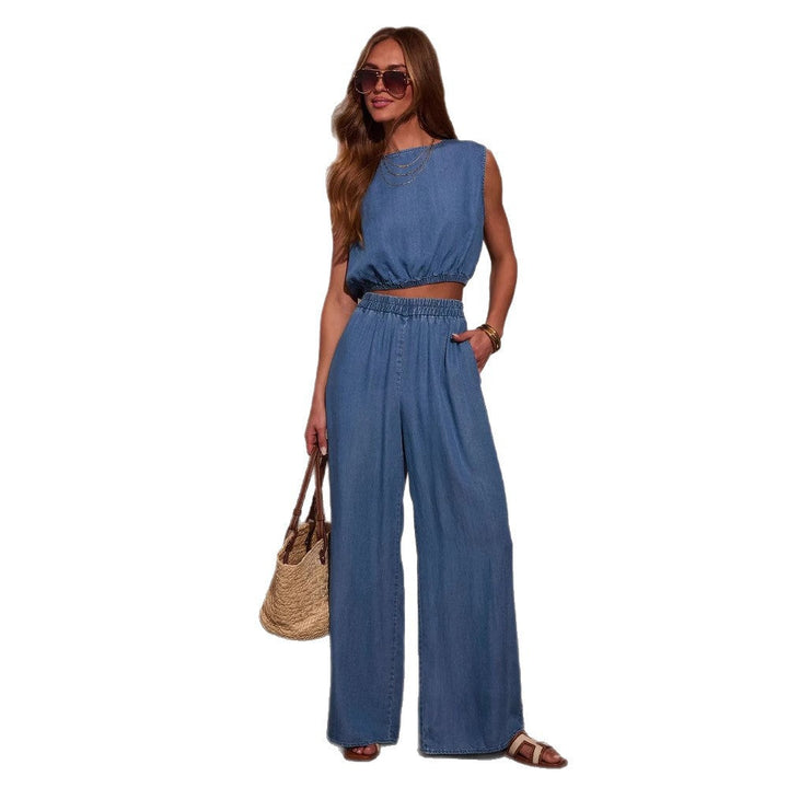 Damen Lässiges Oversized Jeans-Set mit geknotetem Oberteil und weiten Beinen Drune