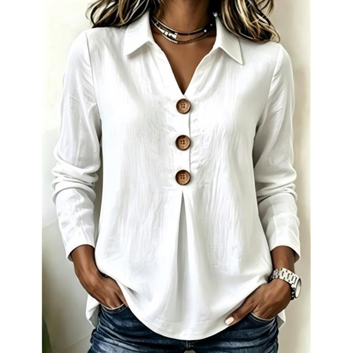 Damen Langarm-Bluse mit Holzknopfleiste und Vorderfalte Drune