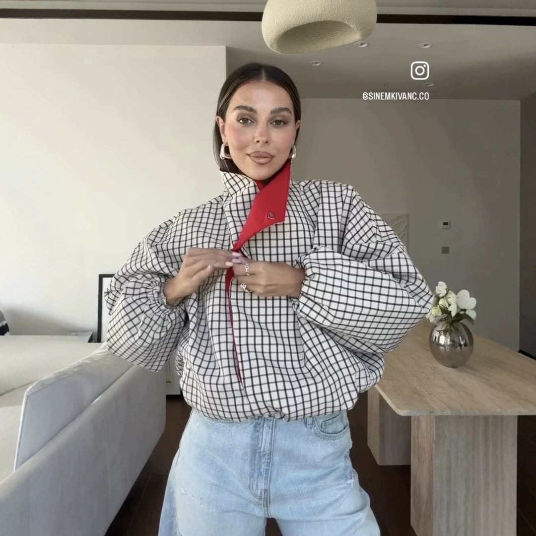 Damen Oversize-Bluse mit Stehkragen, karierter Optik und Ballonärmeln Drune