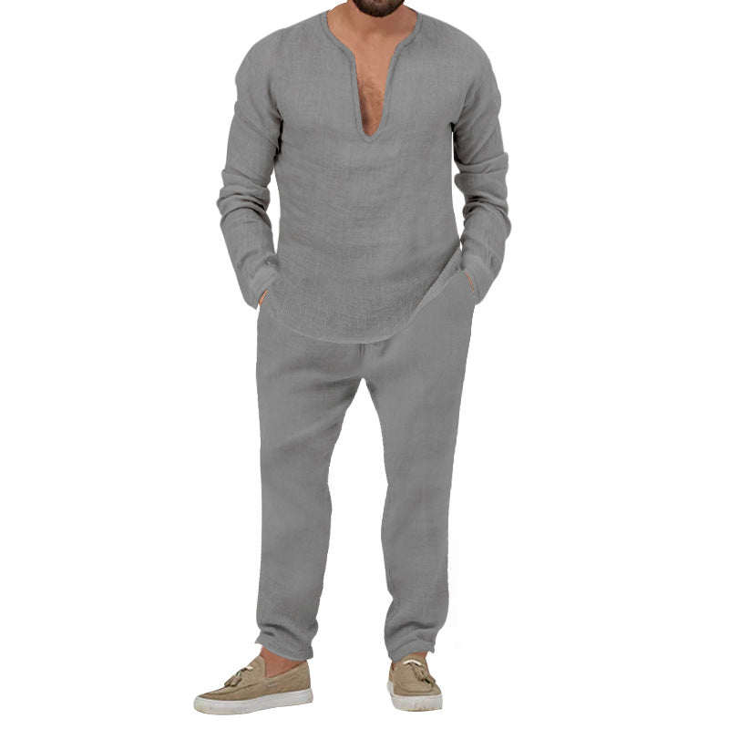 Herren lässiges Leinen-Outfit mit tiefem V-Ausschnitt und elastischem Bund Drune
