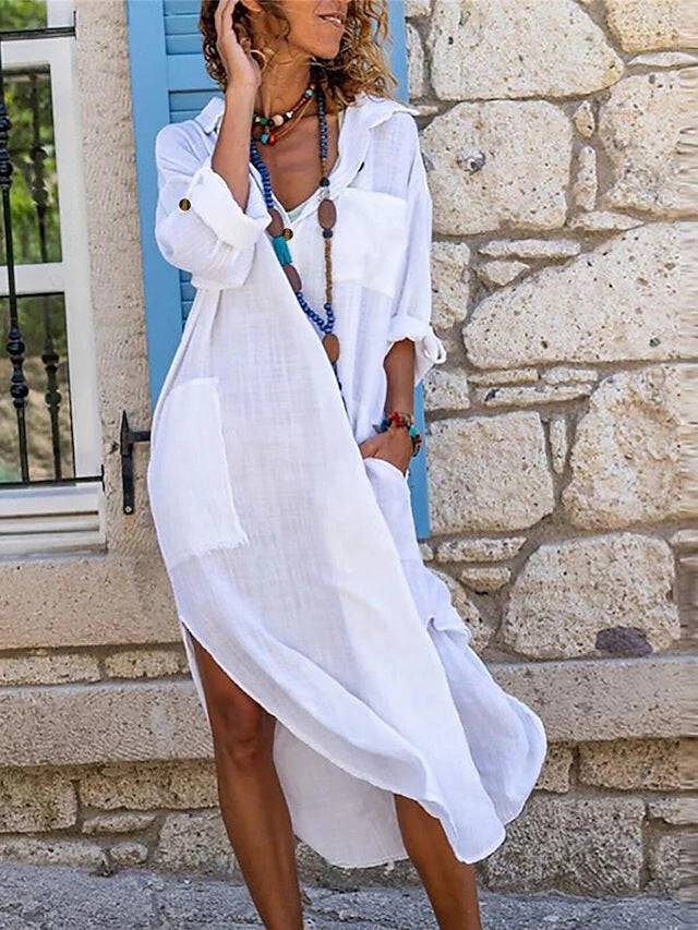 Damen Luftiges Strandkleid mit langen Ärmeln und praktischen Taschen Drune