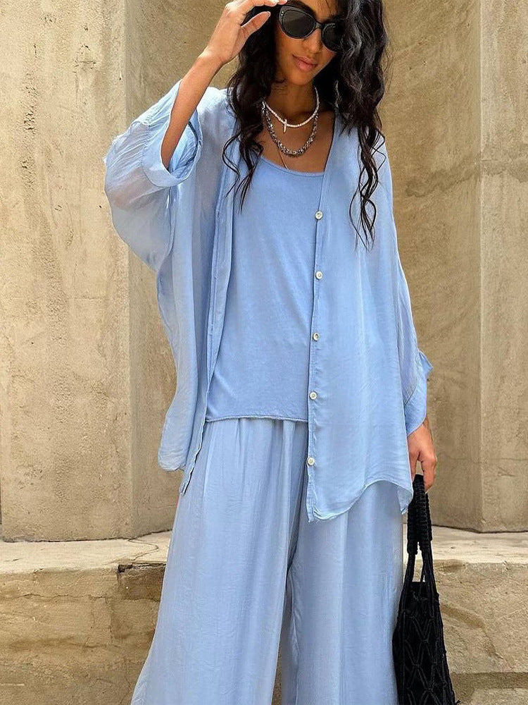Damen Dreiteiliges Loungewear-Set aus leichter Viskose mit Oversize-Bluse, Top und weiter Palazzohose Drune