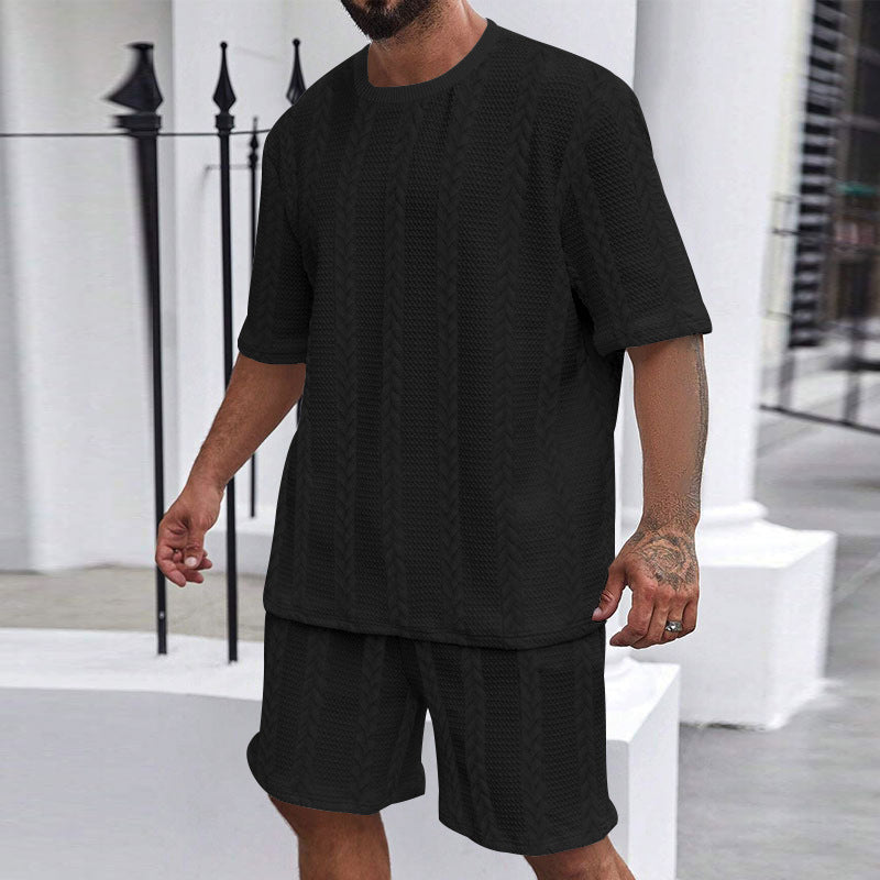 Herren nan entspanntes Zopfstrick-Freizeitset mit weitem Kurzarmshirt und elastischer Bermuda Drune