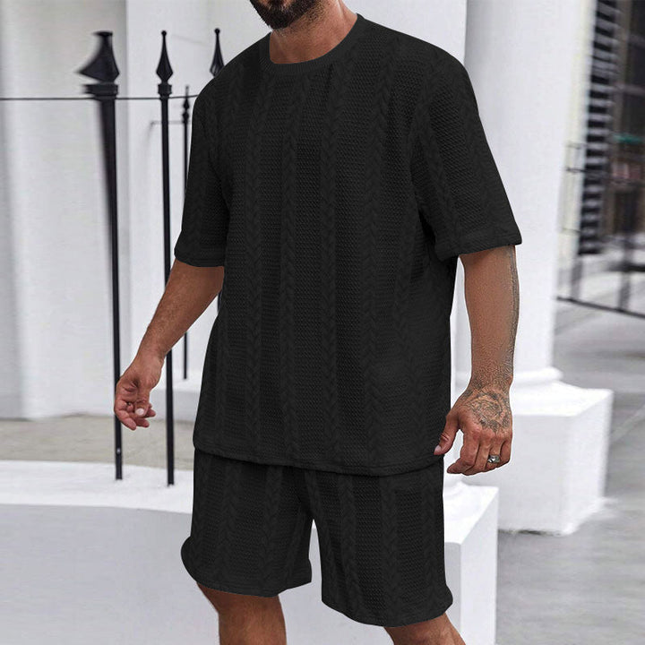 Herren nan entspanntes Zopfstrick-Freizeitset mit weitem Kurzarmshirt und elastischer Bermuda Drune