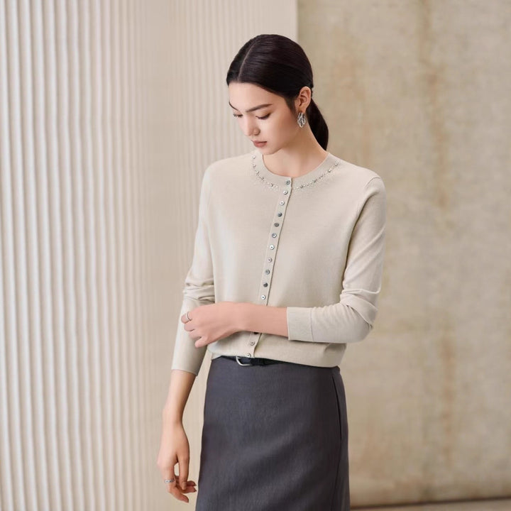 Damen Feiner Feinstrick-Cardigan mit Perlendekor am Rundhalsausschnitt Drune