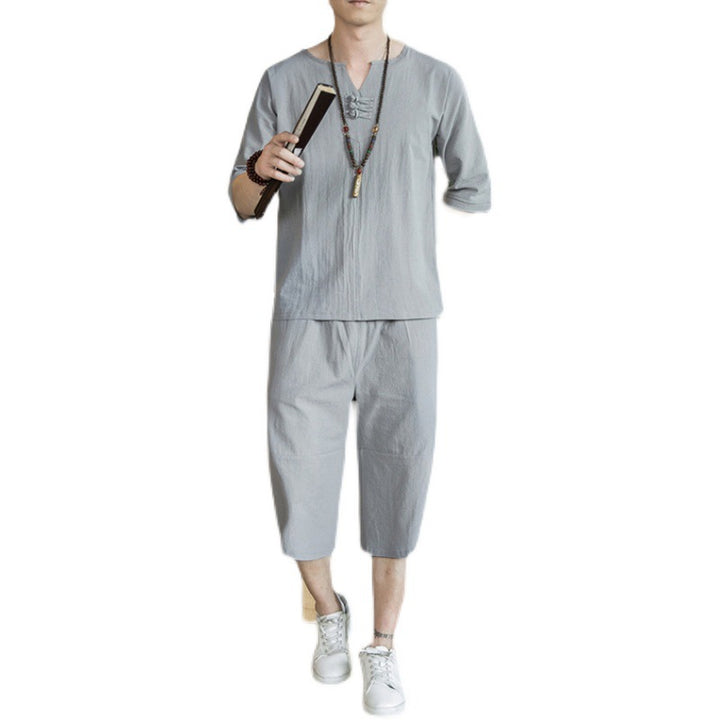 Herren Leichtes Leinen-Relax-Set mit dreiviertelärmeliger Tunika und verkürzter Culotte-Hose Drune
