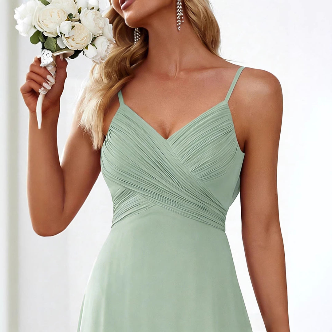 Damen nan fließendes Chiffon-Abendkleid mit überkreuzter Drapage, Empire-Taille und feinen Spaghettiträgern Drune