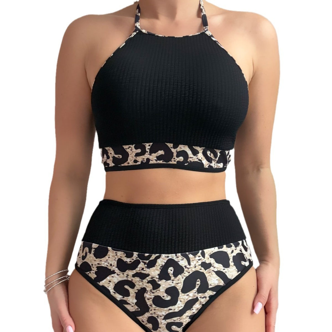 Damen Hochtailliertes Bikini-Set mit sportlichem Oberteil und animalischem Muster Drune
