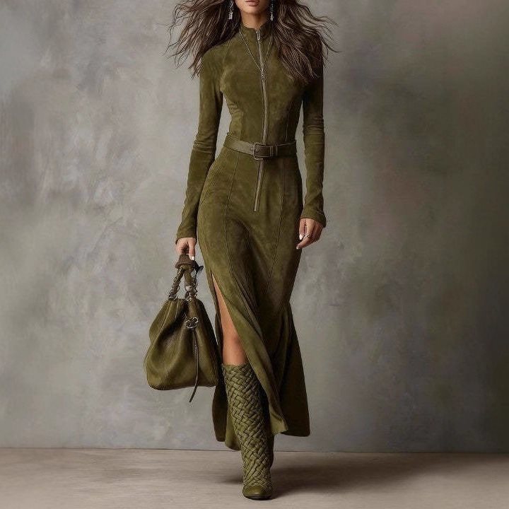 Damen Figurbetontes Midikleid aus Velourslederimitat mit Stehkragen und Zentralem Reißverschluss Drune