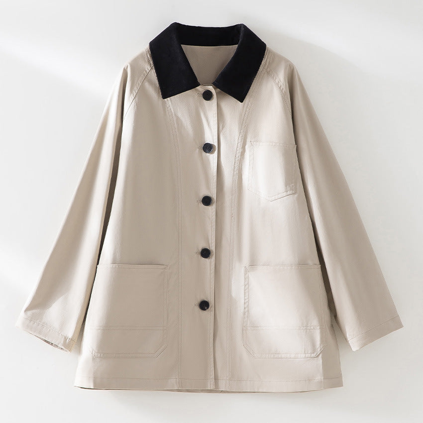 Damen Oversized Baumwoll-Utility-Jacke mit Kontrastkragen und aufgesetzten Taschen Drune