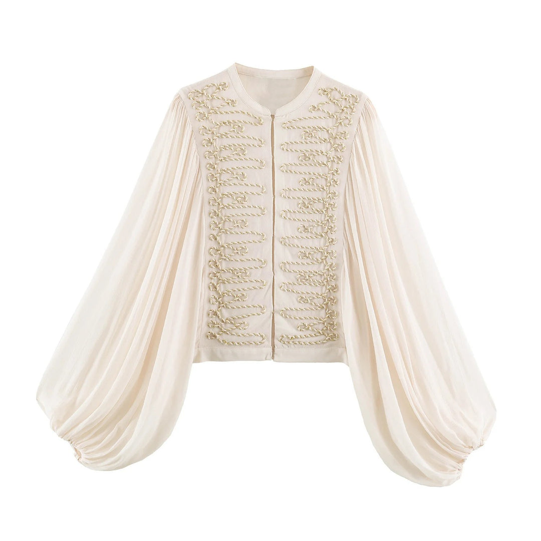Damen Kurze Bluse‑Jacke mit dekorativer Kordelverzierung und voluminösen Plisseeärmeln Drune