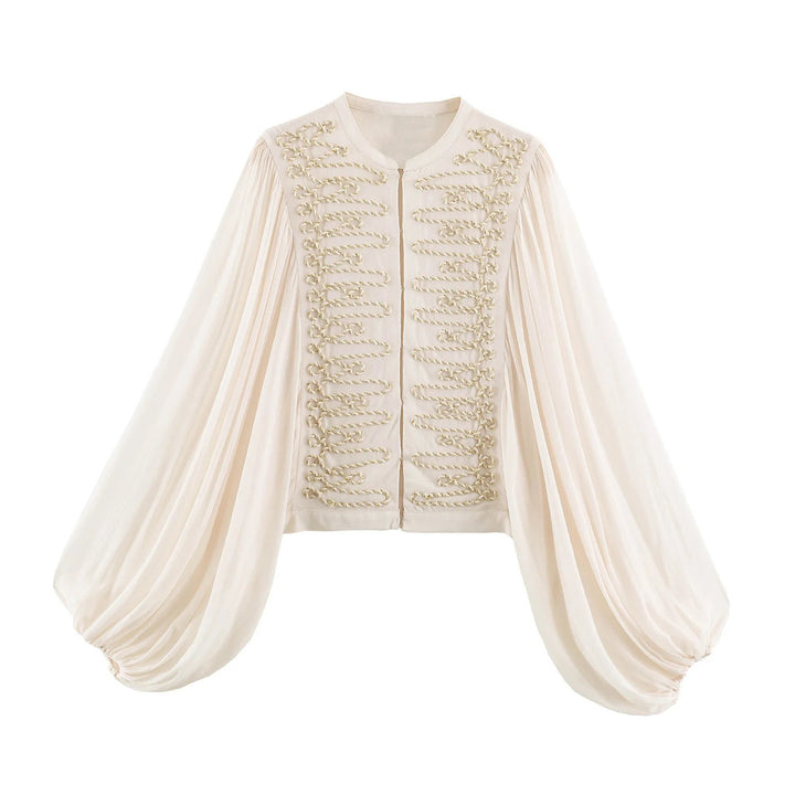 Damen Kurze Bluse‑Jacke mit dekorativer Kordelverzierung und voluminösen Plisseeärmeln Drune