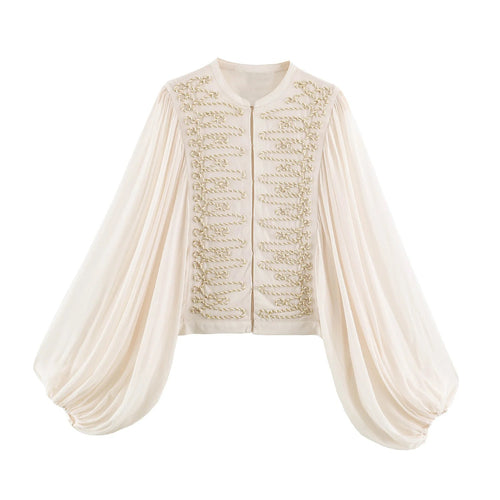 Damen Kurze Bluse‑Jacke mit dekorativer Kordelverzierung und voluminösen Plisseeärmeln Drune
