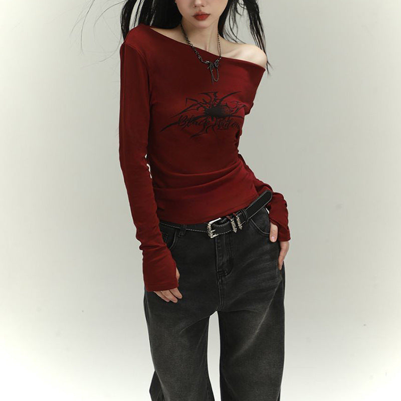Damen Langarmshirt mit asymmetrischem Ausschnitt und grafischem Druck Drune