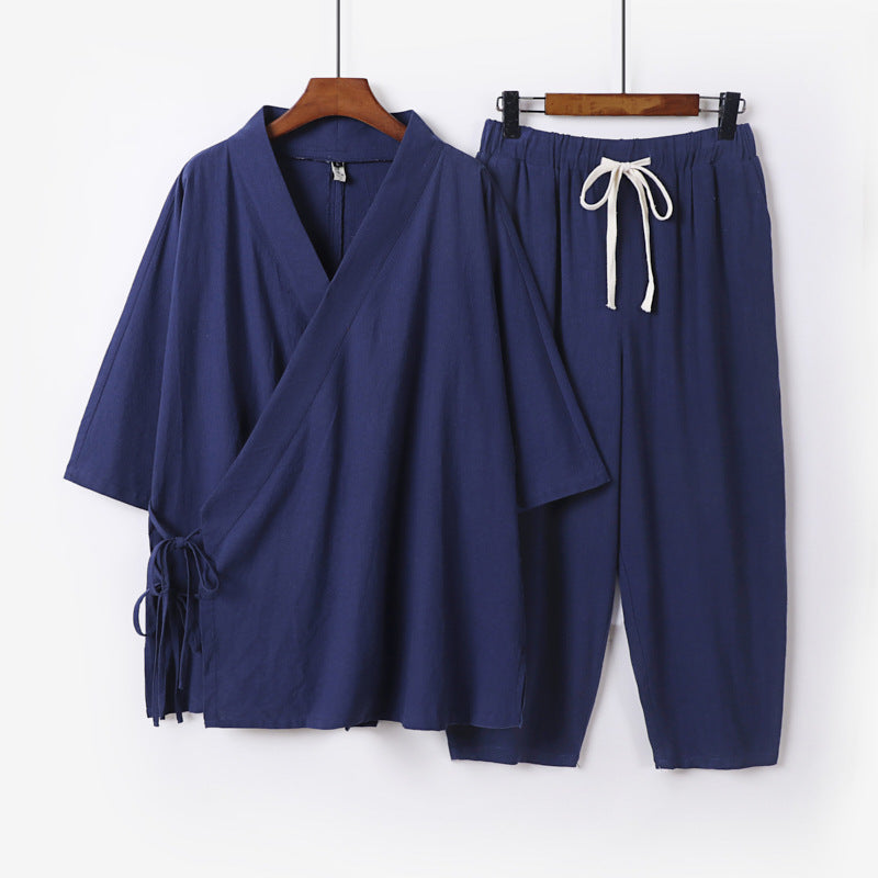 Herren Kimono-Loungewear-Set mit Wickeloberteil, Kordelbundhose und lockerer Passform Drune