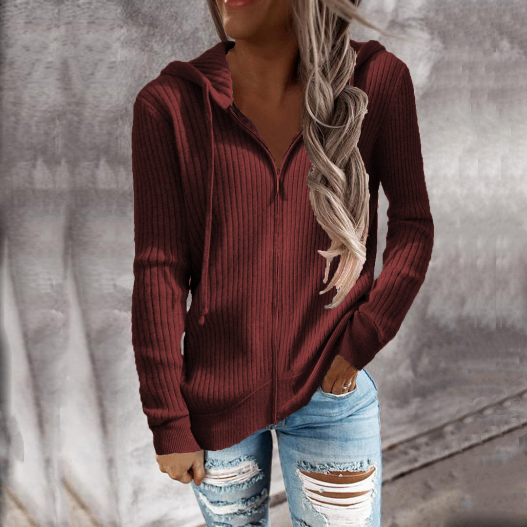 Damen Gerippter Kapuzenpullover mit Reißverschluss und Eingrifftaschen Drune