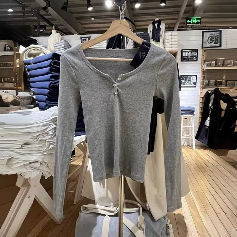 Damen langärmliges Henley-Shirt aus weichem Baumwollmix Drune