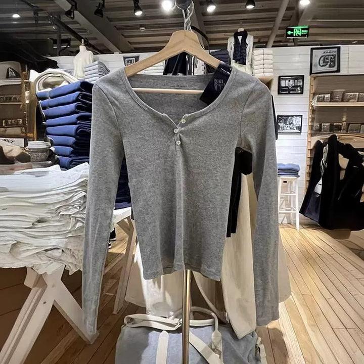 Damen langärmliges Henley-Shirt aus weichem Baumwollmix Drune