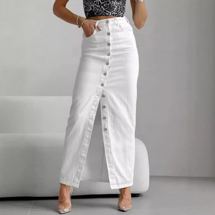 Damen langer Denimrock mit Knopfdetails und eleganter Teilung Drune