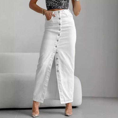 Damen langer Denimrock mit Knopfdetails und eleganter Teilung Drune
