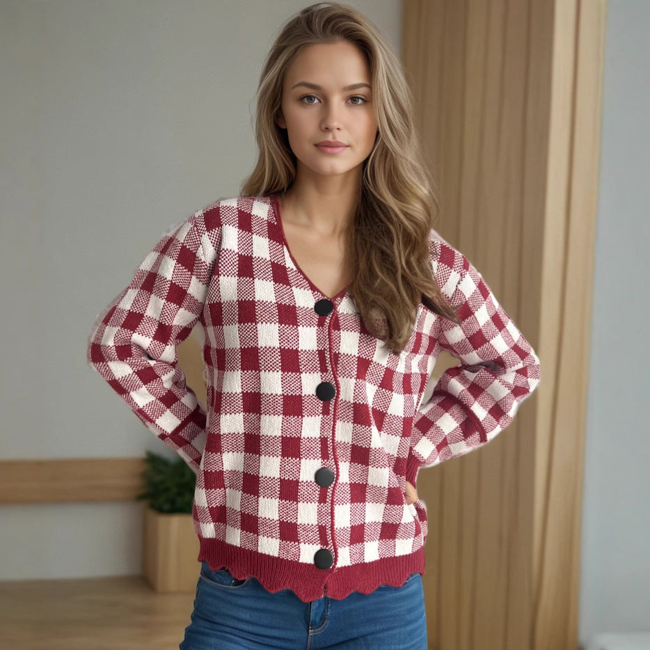 Damen lässige Strickjacke mit kräftigem Karomuster und modischen Knopfdetails Drune