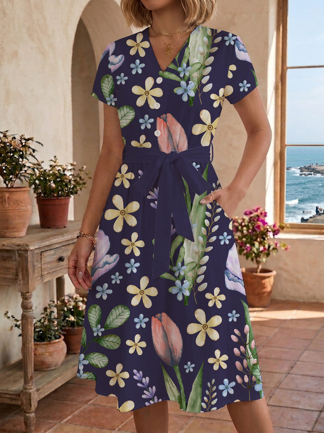 Damen Midikleid mit floralem Muster und Taillengürtel Drune