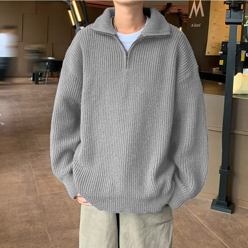 Herren Weicher Oversize-Rippenstrick-Pullover mit verdecktem Halbzip und Polokragen Drune