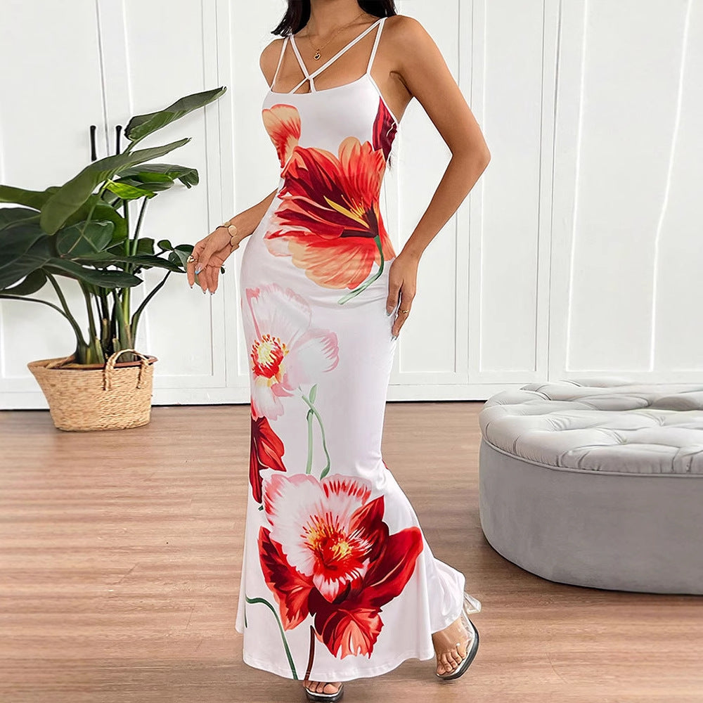 Damen Maxikleid mit elegantem Blumenmuster und zarten Spaghetti-Trägern Drune