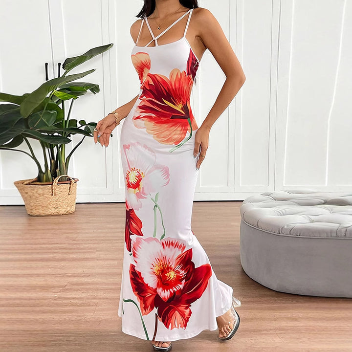 Damen Maxikleid mit elegantem Blumenmuster und zarten Spaghetti-Trägern Drune