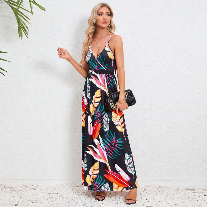 Damen Maxikleid mit zartem V-Ausschnitt und buntem Pflanzenmuster Drune