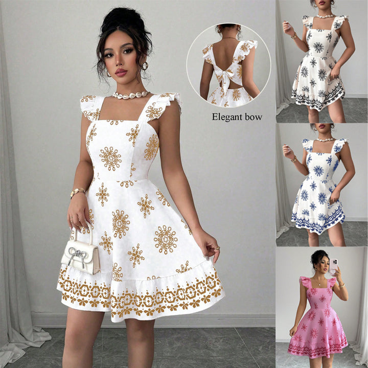 Damen Gestuftes Sommerkleid mit Quadrat-Ausschnitt, Rüschen-Trägern und bestickter A-Linie Drune