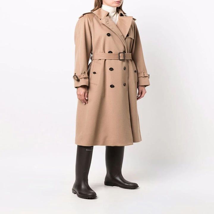 Damen Midilanger Wollmix-Trenchcoat im Tailoring mit Doppelreihe, Taillengürtel und Epauletten Drune