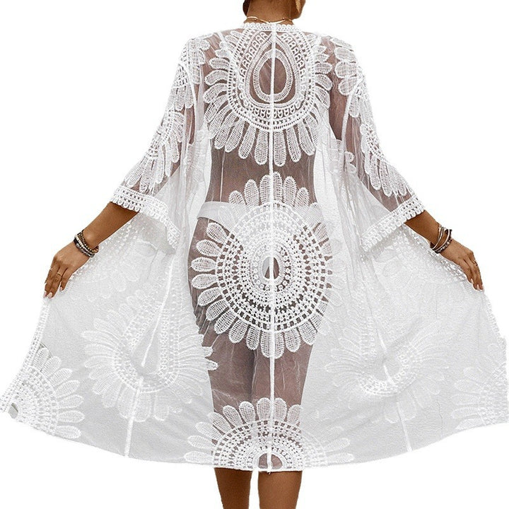 Damen transparente Häkel-Strandüberwurfjacke mit eleganten Motiven Drune