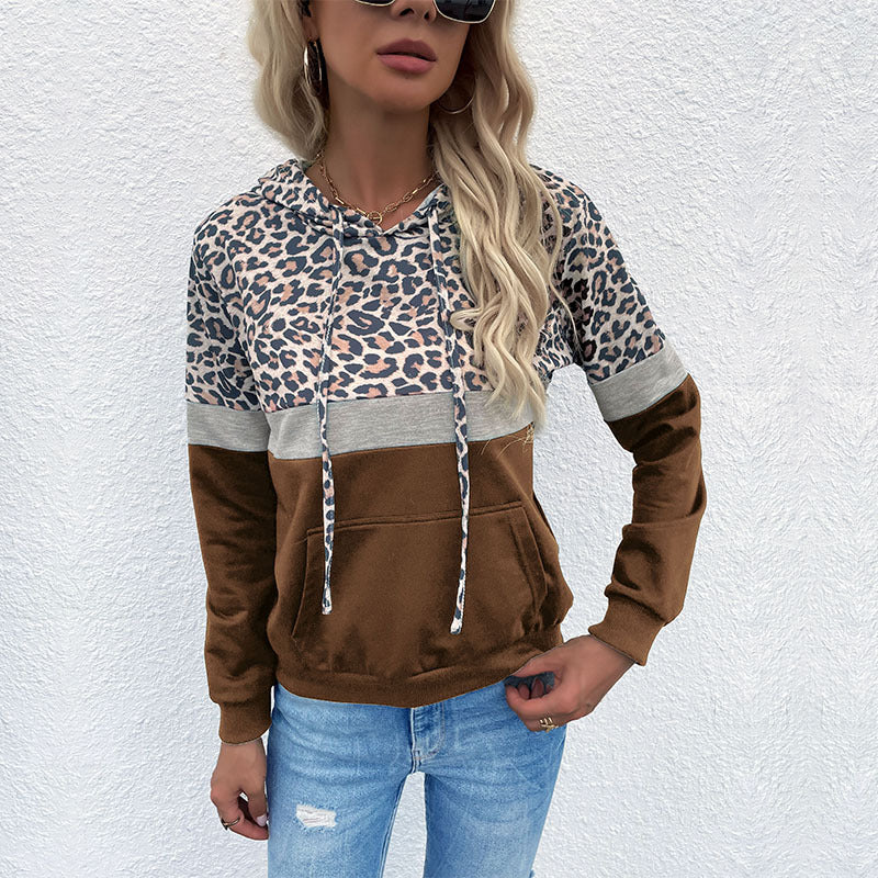 Damen Kapuzenpullover mit Leo-Print, Colorblock-Einsatz und Kängurutasche Drune