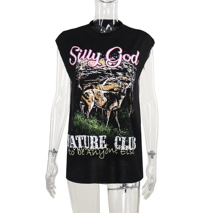 Damen ärmelloses Grafik-T-Shirt mit kreativer Tierillustration Drune