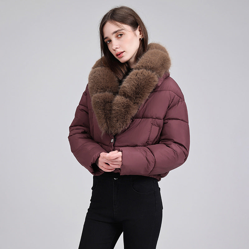 Damen nan cropped Isolationsjacke mit voluminösem Kunstpelz-Schalkragen und elastischem Saum Drune