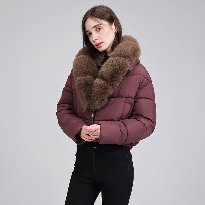 Damen nan cropped Isolationsjacke mit voluminösem Kunstpelz-Schalkragen und elastischem Saum Drune