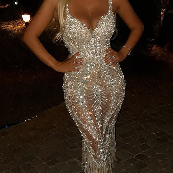 Damen Glamouröses Abendkleid mit funkelnden Pailletten und Fransen Drune